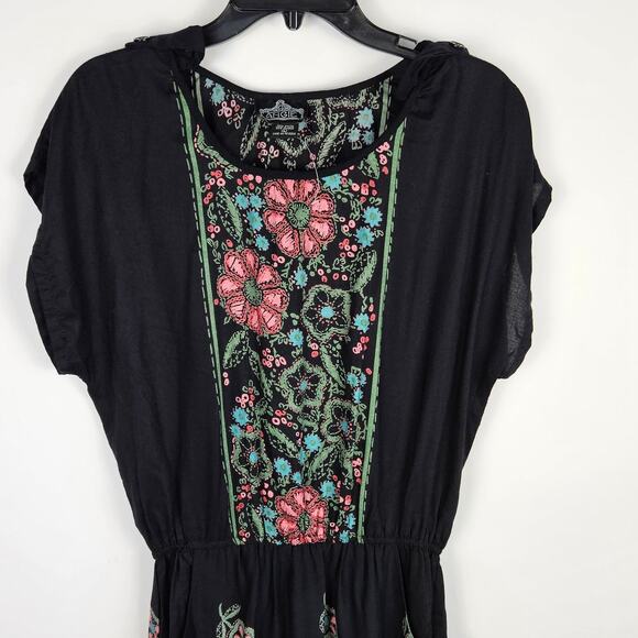 Angie Black Pink Floral BOHO Mini Dress With Pockets Size Large Dolman Sleeve - Picture 5 of 9